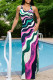 Rose Red Elegant Print Hollow Out Patchwork Backless High Slit U Neck Long Dresses