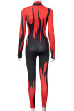 Red Street Print Patchwork Zipper O Neck Skinny Jumpsuits