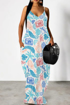 Blue White Casual Print Patchwork Backless Spaghetti Strap Sling Dresses