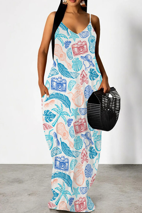 Blue White Casual Print Patchwork Backless Spaghetti Strap Sling Dresses