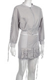 Grey Street Solid Color Pocket Patchwork Strap Design Zipper Zipper Collar Long Sleeve Two Pieces