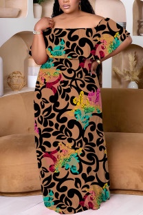 Brown Casual Print Patchwork Off Shoulder Long Plus Size Dresses