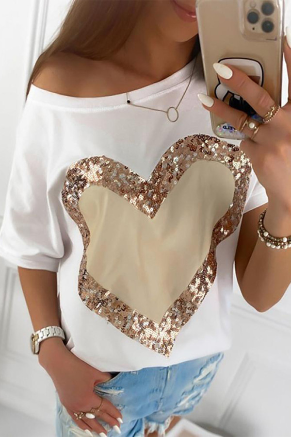 White Casual Street Love Print Sequins O Neck T-Shirts