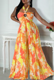Red Elegant Print Hollow Out Patchwork Backless Ruched Halter Loose Jumpsuits