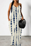 Tibetan Blue Casual Print Patchwork Backless Spaghetti Strap Sling Dresses