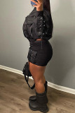 Grey Street Solid Color Pocket Patchwork Strap Design Zipper Zipper Collar Long Sleeve Two Pieces