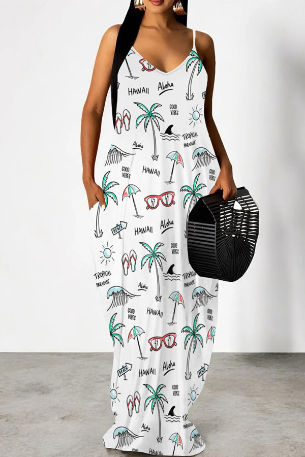 White Casual Print Patchwork Backless Spaghetti Strap Sling Dresses