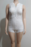 White Sexy Solid Color Patchwork Ruched Zipper Zipper Collar Skinny Rompers