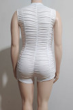 White Sexy Solid Color Patchwork Ruched Zipper Zipper Collar Skinny Rompers