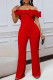 Red Sexy Solid Color Patchwork Backless Ruffled Trim Off Shoulder Regular Jumpsuits