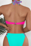 Blue Sportswear Patchwork Backless Contrast Swimwears
