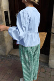 Light Blue Casual Stripe Hollow Out Patchwork Strap Design O Neck Tops