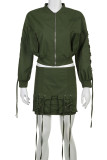 Grey Street Solid Color Pocket Patchwork Strap Design Zipper Zipper Collar Long Sleeve Two Pieces