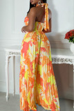 Red Elegant Print Hollow Out Patchwork Backless Ruched Halter Loose Jumpsuits