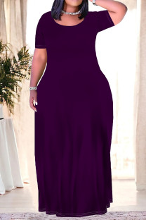 Purple Casual Daily Solid Color Pocket O Neck Printed Plus Size Dresses