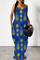 Dark Blue Sexy Floral Print Pocket V Neck Printed Dresses