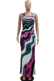 Yellow Elegant Print Hollow Out Patchwork Backless High Slit U Neck Long Dresses