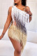 White Sexy Fringed Trim Patchwork Backless Oblique Collar Irregular Dresses