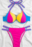 Blue Sportswear Patchwork Backless Contrast Swimwears