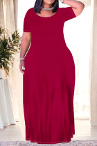 Burgundy Casual Daily Solid Color Pocket O Neck Printed Plus Size Dresses