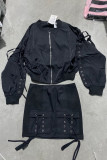 Grey Street Solid Color Pocket Patchwork Strap Design Zipper Zipper Collar Long Sleeve Two Pieces