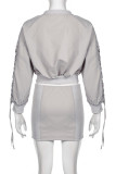 Grey Street Solid Color Pocket Patchwork Strap Design Zipper Zipper Collar Long Sleeve Two Pieces