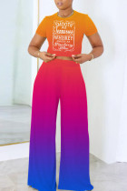 Orange Casual Gradient Print Letter Print Basic O Neck Short Sleeve Two Pieces