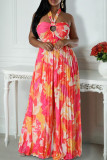 Red Elegant Print Hollow Out Patchwork Backless Ruched Halter Loose Jumpsuits