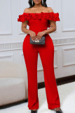 White Sexy Solid Color Patchwork Backless Ruffled Trim Off Shoulder Regular Jumpsuits