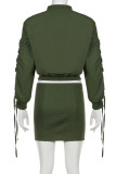 Grey Street Solid Color Pocket Patchwork Strap Design Zipper Zipper Collar Long Sleeve Two Pieces