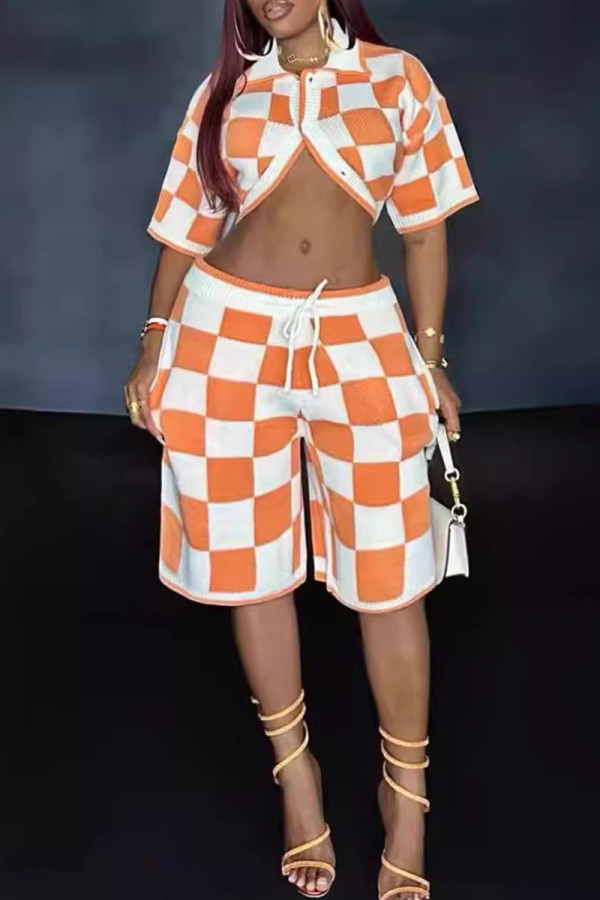 Tangerine Red Casual Plaid Draw String Pocket Buttons Patchwork Turndown Collar Half Sleeve Two Pieces