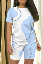 Blue White Casual Print Patchwork O Neck Short Sleeve Two Pieces
