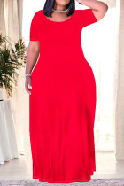 Red Casual Daily Solid Color Pocket O Neck Printed Plus Size Dresses