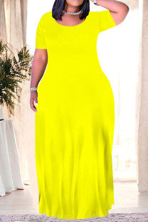 Yellow Casual Daily Solid Color Pocket O Neck Printed Plus Size Dresses