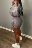 Grey Street Solid Color Pocket Patchwork Strap Design Zipper Zipper Collar Long Sleeve Two Pieces
