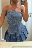 Blue Sexy Print Pocket Buckle Patchwork Ruched Strapless Sleeveless Two Pieces