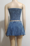 Blue Sexy Print Pocket Buckle Patchwork Ruched Strapless Sleeveless Two Pieces