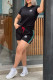 Black Casual Street Letters Embroidered Draw String O Neck Short Sleeve Two Pieces