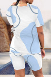 Blue White Casual Print Patchwork O Neck Short Sleeve Two Pieces