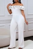 White Sexy Solid Color Patchwork Backless Ruffled Trim Off Shoulder Regular Jumpsuits