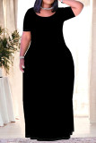 Orange Casual Daily Solid Color Pocket O Neck Printed Plus Size Dresses