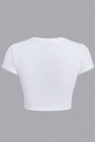 White Casual Letters Patchwork O Neck T-Shirts