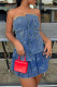 Blue Sexy Print Pocket Buckle Patchwork Ruched Strapless Sleeveless Two Pieces