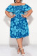 Deep Blue Casual Floral Print Ruffle Off Shoulder Printed Plus Size Dresses