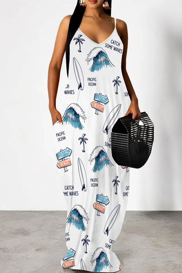 White Blue Casual Print Patchwork Backless Spaghetti Strap Sling Dresses