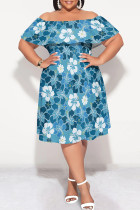 Blue Casual Floral Print Ruffle Off Shoulder Printed Plus Size Dresses