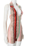Green Sexy Print Patchwork Deep V Neck Skinny Rompers