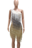 White Sexy Fringed Trim Patchwork Backless Oblique Collar Irregular Dresses