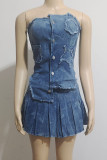 Blue Sexy Print Pocket Buckle Patchwork Ruched Strapless Sleeveless Two Pieces
