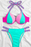 Blue Sportswear Patchwork Backless Contrast Swimwears